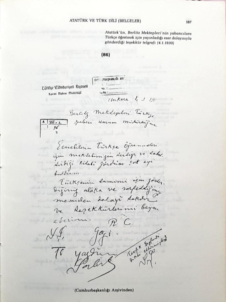 Atatürk'ün Berlitz Dil Okullarına gönderdiği teşekkür mektubu