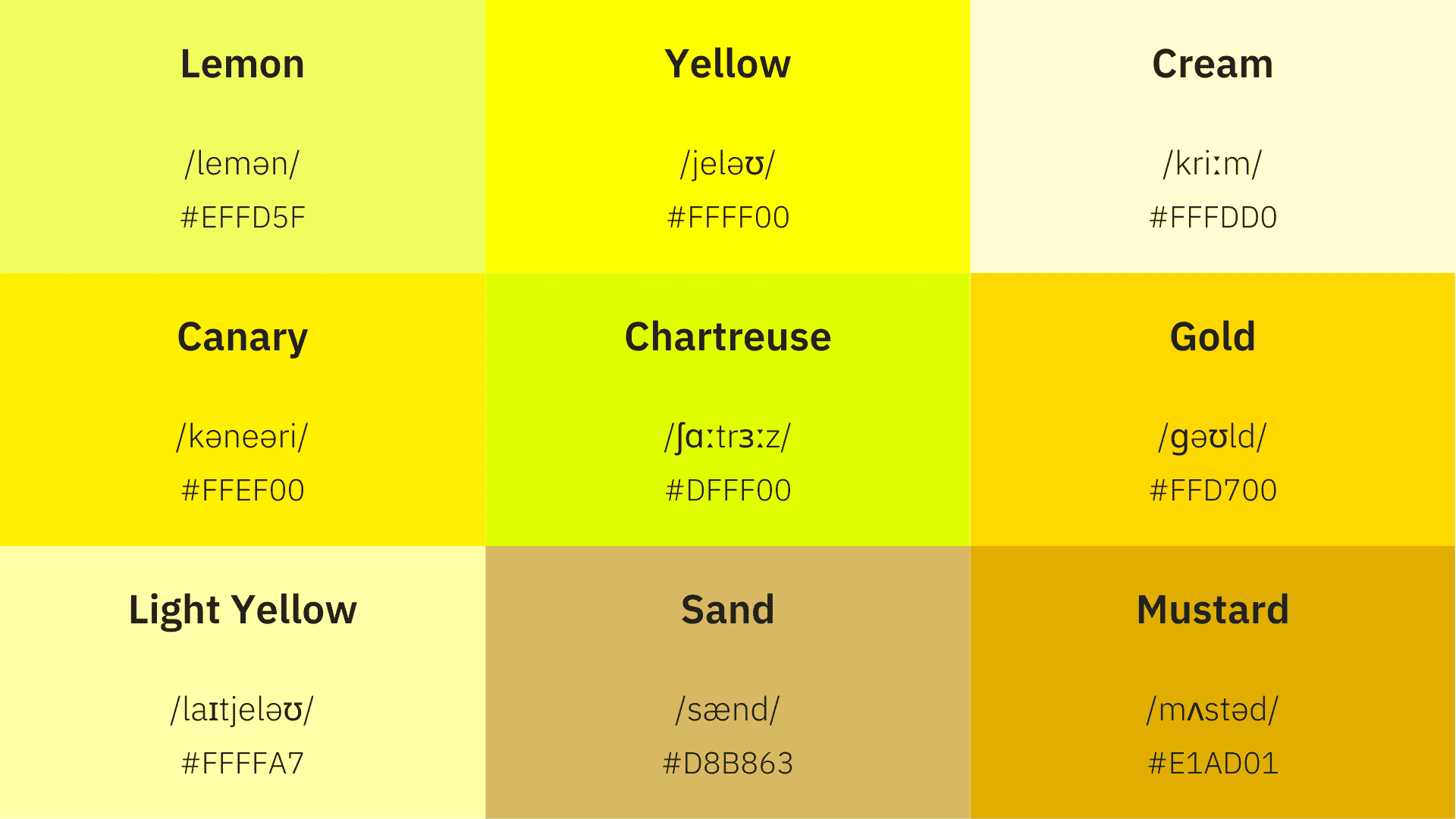 İngilizce renkler sarı rengin tonları